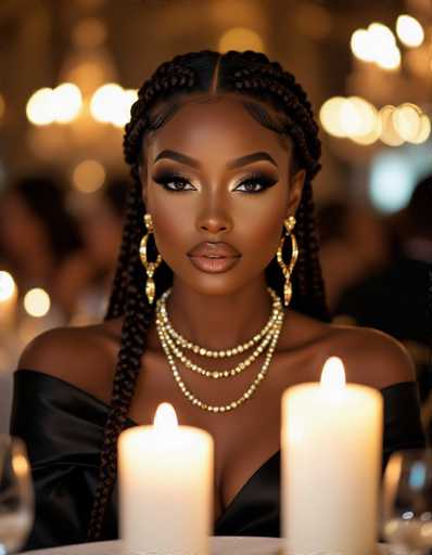 A glamorous Black woman with intricate braids and polished makeup is the central focus, seated at an elegant event. She wears gold jewelry and a black off-the-shoulder top, illuminated by flickering white candles in the foreground. The soft bokeh background suggests a sophisticated gala setting.