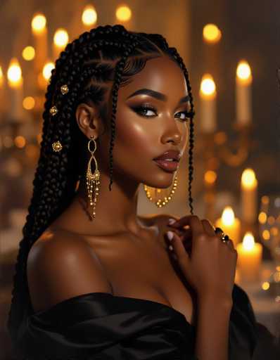 A stunning Black woman with intricate braids and gold jewelry gazes directly at the viewer. She wears a black off-the-shoulder top, set against a softly blurred background of lit candles and bokeh lights. The art style is glamorous and intimate, emphasizing her beauty and elegance.