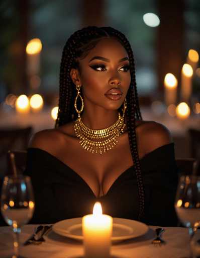 A mysterious Black woman with braided hair and a black off-the-shoulder top sits at a candlelit dinner table. She wears striking gold jewelry and smoky makeup, gazing pensively to the side. The dimly lit scene features warm bokeh from distant candles, creating a moody noir aesthetic reminiscent of film stills.