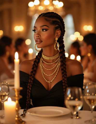 Captured in a dreamy fashion editorial, the image features a woman with deep brown skin and intricate braids, adorned with gold jewelry. She gazes thoughtfully at a warmly lit table setting with candles and blurred figures in the background, creating an intimate and sophisticated atmosphere.