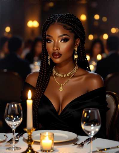 A Black woman with intricate braids and gold jewelry is the central focus, seated at a formal dinner table. She gazes towards someone across from her in a dimly lit upscale restaurant, illuminated by a foreground candle. The art style is elegant and dramatic, emphasizing texture and mood.