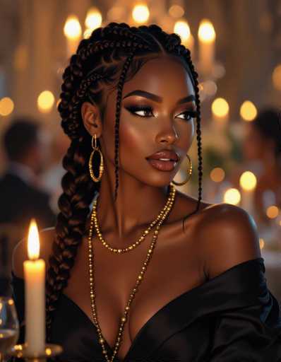 This cinematic oil painting depicts a mysterious Black woman with intricate braided hair adorned with gold beadwork. She gazes away, radiating warmth under candlelight in a dark, elegant dress. Oversized hoop earrings and a beaded strand enhance her alluring expression against a blurred background of bokeh lights, suggesting a sophisticated evening.