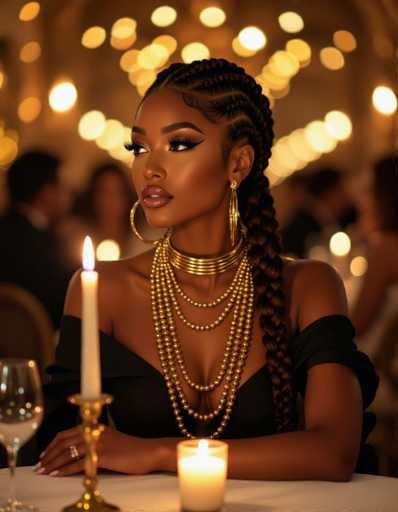 This image features a Black woman with intricate braided hair, adorned in gold jewelry and elegant makeup. She sits at a table illuminated by a candle, gazing thoughtfully into the distance. The blurred background of bokeh lights creates a luxurious and atmospheric setting for this artistic portrait.