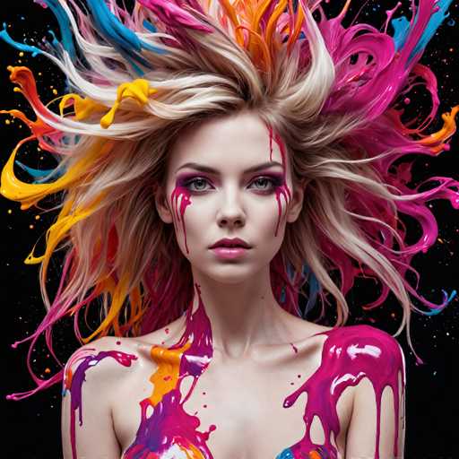 The image shows a young woman with long blonde hair and colorful makeup on her face. The background is black, which contrasts with the vibrant colors of her hair and makeup.
