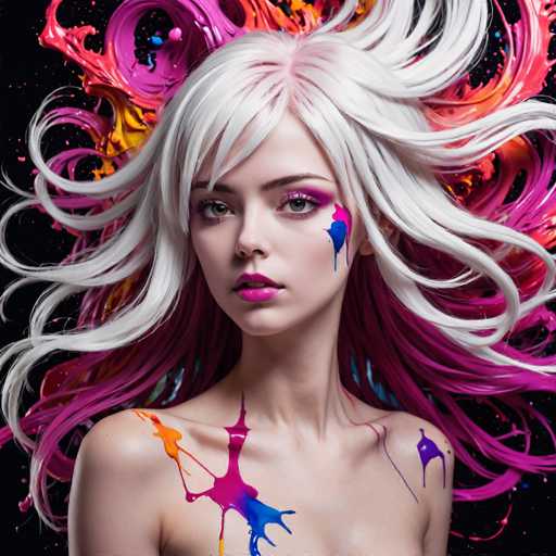 The image shows a close-up portrait of a young woman with white hair styled in loose waves and splattered with vibrant colors. The background is black, providing a stark contrast to the colorful hair. The woman's face features a serious expression as she gazes directly into the camera.