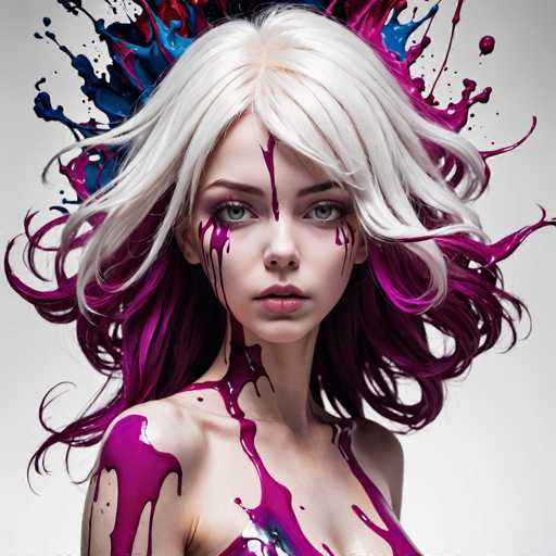 The image shows a close-up portrait of a woman with white hair and purple streaks running down her face. The woman is wearing a wig that has been painted with blue and red splatters, giving it an artistic and unique appearance. The background is plain white, which contrasts with the vibrant colors on the woman's face and highlights her features.
