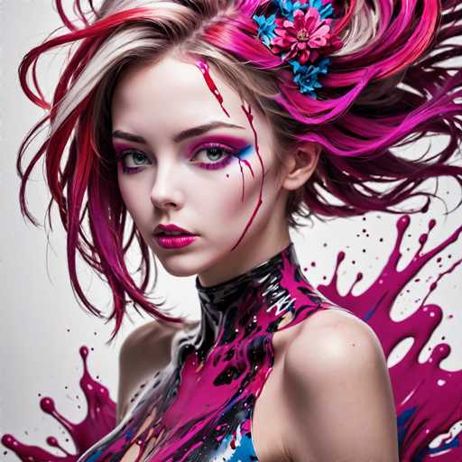 The image shows a young woman with vibrant pink hair and makeup, including red lipstick and blue eyeshadow, wearing a black top that has splatters of paint on it. The background is white, which contrasts with the colorful elements in the foreground.