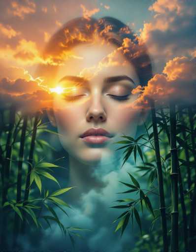 This ultra-detailed double exposure features a serene woman with closed eyes, her face blending seamlessly with a cosmic dawn sky of orange and cerulean clouds. Below, she merges with a lush bamboo grove, creating a transcendent, almost divine aura through a painterly chiaroscuro effect. The spatial relationship is one of ethereal merging, blurring the lines between earthly and celestial realms.