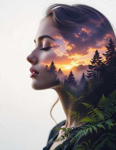 This surreal portrait features a serene woman with closed eyes, her face seamlessly blending into a twilight sky of vibrant clouds. Her jawline and neck merge with a misty forest, including emerald ferns and golden sunlight. The image utilizes dreamy, high-resolution photography with soft lighting to evoke a sense of spiritual transcendence. 

**Main Subjects:** Woman, twilight sky, forest, ferns.
**Spatial Relationship:** The woman's face merges with the sky, and her lower body blends into the forest.
**Art Style:** Surrealism, dreamy, ethereal, high-resolution photography.