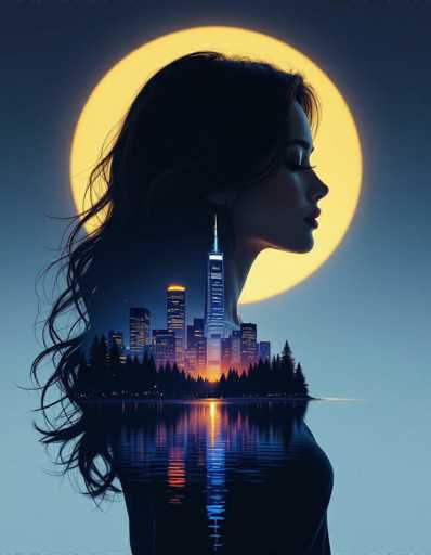 This surreal double exposure features a woman in silhouette, her profile facing right, with flowing hair framing a futuristic city skyline within her form. A golden sun glows behind her, reflecting on calm waters below, while dark trees merge with the cityscape. The artwork embodies Hajime Sorayama's luminous, layered style with sharp contrasts and electric blue/violet hues.