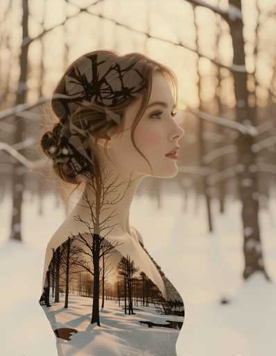 This ethereal portrait by Sally Mann blends a woman's profile with a winter forest, creating a dreamlike double exposure. The warm sepia tones and soft vignette evoke a secluded glade at dawn, emphasizing the woman's thoughtful gaze. The seamless integration of human and natural forms showcases a sensual, dramatic aesthetic reminiscent of David LaChapelle.