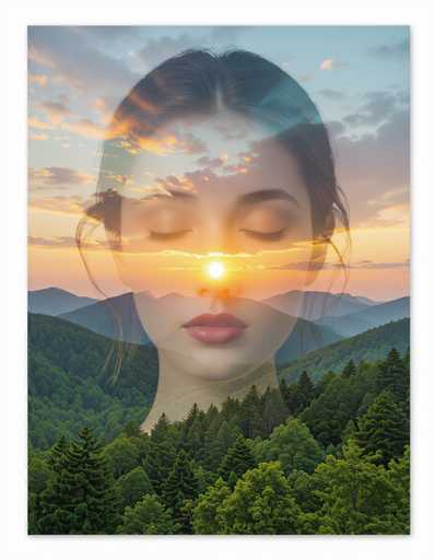 This surreal digital art features a woman's face as a frame for a breathtaking landscape. Her closed eyes blend with a vibrant sunrise sky and lush forest, creating a dreamlike double exposure. The artwork employs bold outlines and luminous highlights, reminiscent of Miyazaki's ethereal compositions and Ono's conceptual art.