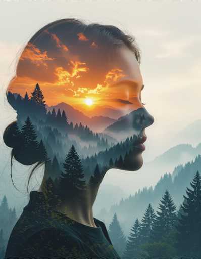 This hyper-realistic double exposure features a woman's profile as a serene silhouette, merging with a breathtaking landscape. A vibrant sunset sky blends seamlessly with a misty forest, creating a dreamlike, cinematic scene reminiscent of James Gurney's work. The spatial relationship is one of integration, where the woman embodies nature in a peaceful, contemplative pose.