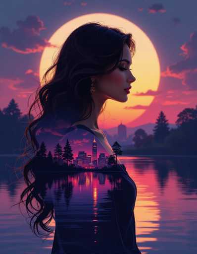 A woman's profile, a graceful silhouette in dark form, is the focal point of this surreal double exposure. Her flowing hair acts as a canvas for a glowing cityscape at dusk, its neon pink and purple lights reflected in calm water. A radiant sun behind her creates a luminous halo, merging with silhouetted trees, all rendered in Alphonse Mucha's atmospheric style.