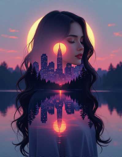 This surreal artwork features a woman's profile as the central figure, her dark silhouette overlaid with a glowing cityscape. The city skyline, bathed in neon pink and purple twilight, is mirrored on a calm lake below, creating a dreamlike fusion of urban and natural elements. The ethereal style, reminiscent of James Jean, uses soft gradients and glowing edges to enhance this fantastical composition.