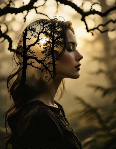 This cinematic double-exposure features a woman's profile seamlessly merging with silhouetted forest branches, bathed in soft sepia and charcoal tones. The ethereal backlighting creates a serene atmosphere, emphasizing a mystical bond between the woman and nature within a shallow depth of field.