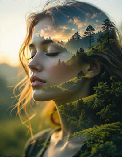 This luminous double-exposure features a woman's serene portrait where her form seamlessly blends with a landscape. Her closed eyes reveal a vast, golden sky, while her skin merges with rolling green hills and towering trees. The art style echoes Jean Giraud's (Moebius) dreamlike surrealism, using flowing lines and depth to create a tranquil, introspective image.
