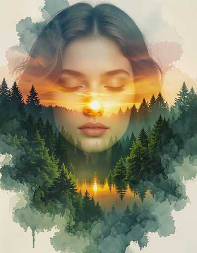 This ethereal double exposure features a woman's serene face as a translucent overlay, merging with a vibrant watercolor forest scene. A dramatic sunrise sky blends into lush green trees below, creating a dreamlike composition reminiscent of Anselm Kiefer's poetic landscapes. The fluid edges and rich pigments enhance the ethereal aesthetic, blurring the lines between human and nature.