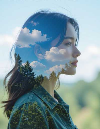 A serene, centered double exposure features a woman's profile merging with a dreamy landscape. Her face is translucent, revealing a vibrant blue sky with floating clouds above and a lush woodland scene below. The anime-inspired style uses glowing edges and soft focus to create a meditative harmony between human consciousness and nature.