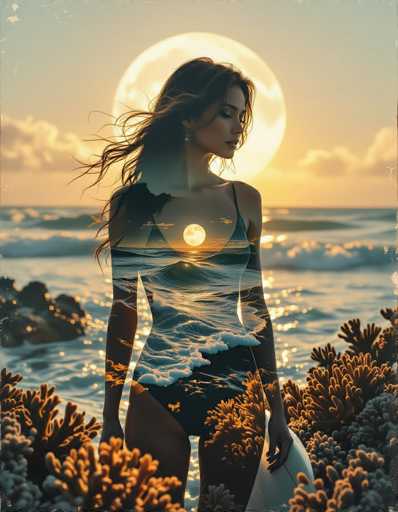 This captivating double-exposure features a woman's upper body as translucent, moonlit waves merging with her flowing hair. Her lower silhouette stands poised with a surfboard amidst glowing coral reef reflections, bathed in soft golden-hour shadows. The image evokes a vintage film noir aesthetic with painterly textures and cinematic grain, creating an alluring, dreamlike coastal portrait.