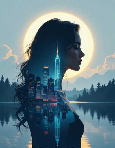 A woman's profile forms a captivating double exposure, her dark silhouette merging with a luminous futuristic city skyline reflected in a tranquil lake. A radiant sun halo bathes the scene, set against silhouetted trees, all rendered in Simon Stålenhag's hyper-detailed, glowing style with vivid neon tones and atmospheric lighting.