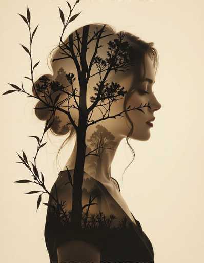 This evocative portrait features a woman's profile seamlessly merging with silhouetted willow branches, creating a dreamlike fusion of human form and nature. The sepia and charcoal tones, soft chiaroscuro lighting, and creamy backdrop evoke a moody, ethereal atmosphere reminiscent of Leibovitz and Crewdson's fine art.
