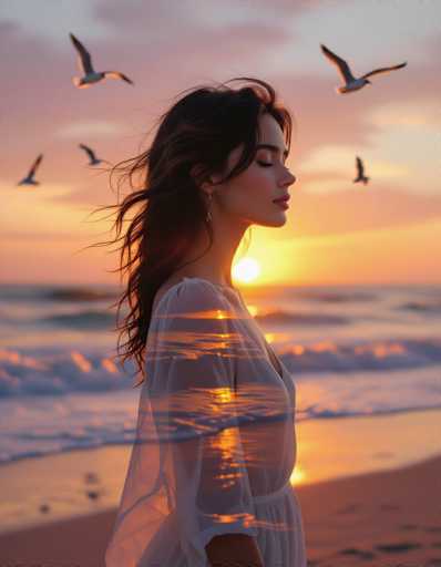 A serene woman with tousled dark hair stands in profile on a beach, eyes closed, bathed in a golden sunset. Her semi-transparent silhouette blends with the ocean and sand in a dreamy, ethereal double-exposure style. Warm hues of amber, peach, and violet fill the sky as seagulls soar above, creating a harmonious blend of inner reflection and natural beauty.
