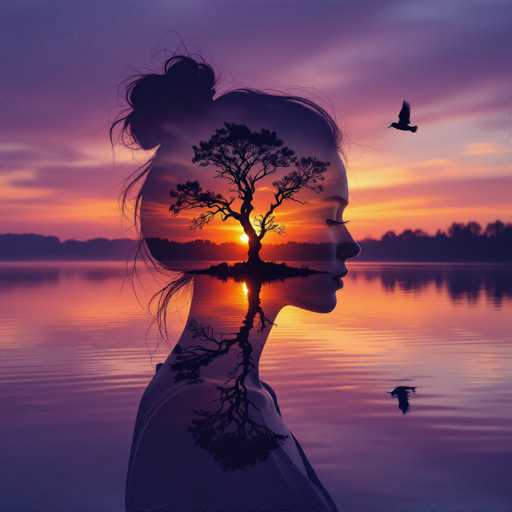 This double exposure artwork features a woman's profile merging with a serene sunset landscape. A gnarled tree silhouette is mirrored on calm water, reflecting the vibrant sky and a distant sun. Two birds in flight add to the ethereal scene, creating a dreamy impressionistic blend reminiscent of Monet and Klimt's styles.