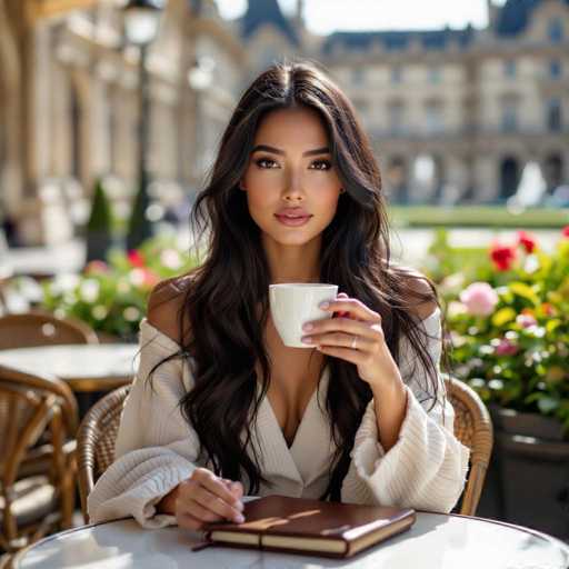 A stunning, high-fashion portrait captures a young woman with long, dark hair in an elegant Parisian café. She sits at a table, holding a coffee cup and notebook, bathed in soft morning light. The scene showcases classic Parisian architecture and a vibrant garden backdrop, emphasizing natural beauty and sophisticated style with realistic textures.