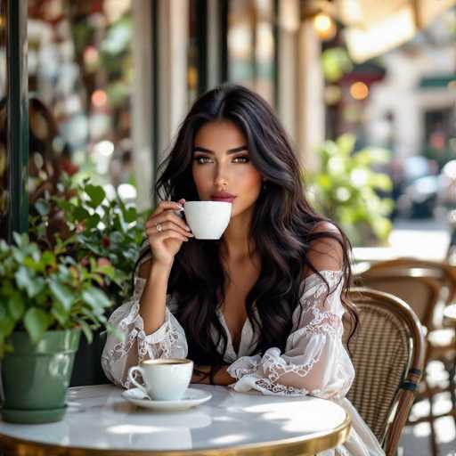 A captivating high fashion portrait showcases a stunning young woman of North African descent, elegantly sipping coffee at a charming outdoor café. Long, dark hair cascades around her as she gazes intently, bathed in soft sunlight. The scene is framed by lush green plants and a blurred art gallery window, creating a warm, cinematic ambiance.
