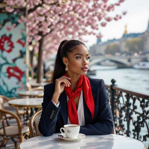 A stylish young woman of African descent, elegantly dressed in a navy blazer and red silk scarf, sits at an outdoor café with a porcelain coffee cup. Her gaze is directed towards the Seine River in Paris, framed by blooming cherry trees and Parisian street art. The image showcases high fashion with a cinematic, ornate style, emphasizing rich textures and dynamic lighting.