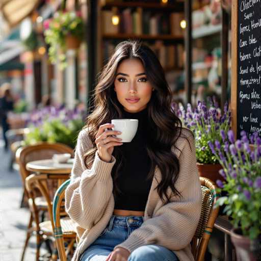 A stylish young woman with long, wavy black hair sits in a charming café on Boulevard Saint-Germain. She wears a beige cardigan over a black turtleneck and high-waisted jeans, holding a white cup. The café's warm lighting highlights the soft halo effect on her hair, surrounded by colorful wooden chairs and lavender planters. The scene exudes a serene, high-fashion elegance with its realistic details.