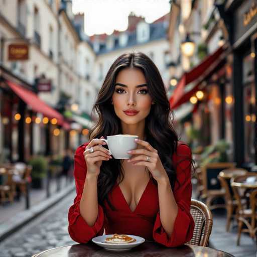 A gracefully dressed young woman in a red dress sits at a table in a charming Parisian café, holding a latte. The soft golden light highlights her elegant features and the detailed textures of the setting, with blurred buildings creating a dreamy, high-fashion ambiance.