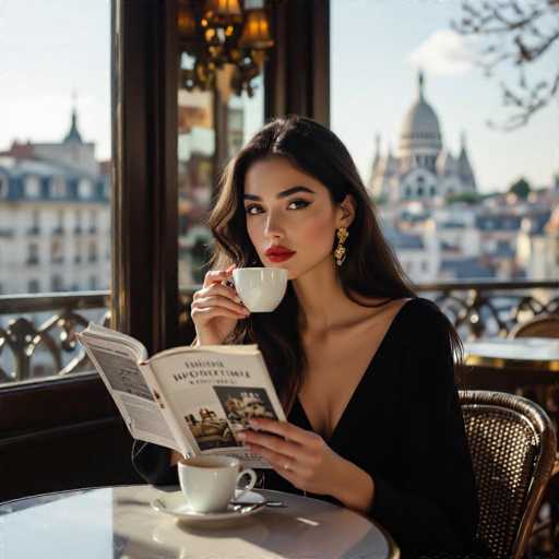 A stylish young woman with long, dark hair and elegant gold earrings occupies a small café table in Paris. She's absorbed in a French magazine while sipping coffee, bathed in soft morning light. The scene showcases a high-fashion aesthetic with a cinematic composition and ornate details, emphasizing an elegant, intimate moment.