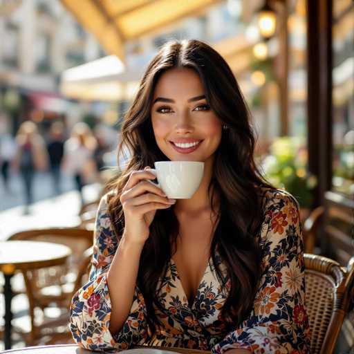 A radiant young woman with flowing dark hair and a warm smile is the focal point, elegantly holding a white cup of coffee. Bathed in golden sunlight on a café terrace, her patterned wrap dress hints at French fashion. The soft-focused background of blurred pedestrians and historic buildings creates a cinematic depth, emphasizing the woman's elegant presence.