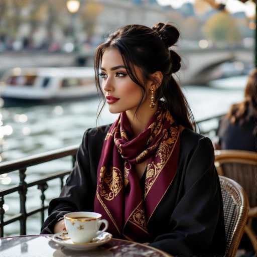 A stylish young woman with long, dark hair and elegant jewelry sits at a café terrace along the Seine. Dressed in a black jacket and a burgundy silk scarf with gold detailing, she gazes thoughtfully at the river. A tour boat glides by, reflecting soft daylight on the water's surface. The scene exudes a dreamy, haute couture atmosphere with its focus on elegant textures and a dynamic composition.