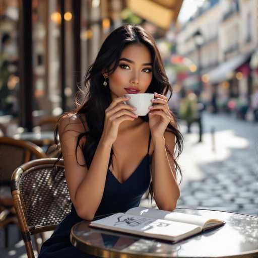 A serene, high-fashion portrait captures a young woman in a navy dress at a Parisian café. Soft sunlight bathes her as she sips coffee, a sketchbook open beside her. The intimate scene showcases elegant details and a peaceful atmosphere, emphasizing a blend of artistic and sophisticated style.