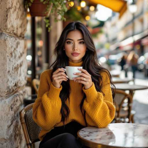 A stylish young woman with long, dark hair and a natural makeup look sits elegantly at an outdoor café on Place de la République. She wears a cozy mustard-yellow sweater and black pants, holding a cup of coffee. The scene exudes a chic, intimate atmosphere with rustic details and soft lighting, showcasing high fashion in a charming setting.