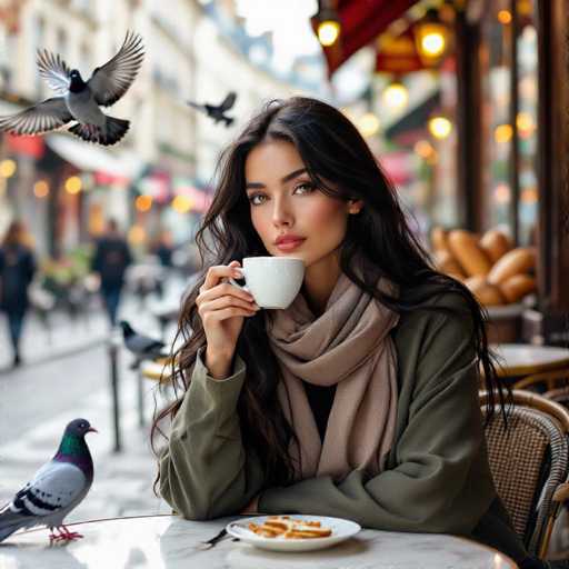 A stylish young woman with long, dark hair and olive skin sits elegantly at a café table in the 1st arrondissement. She gazes intently while sipping coffee, surrounded by fluttering pigeons and a bustling city ambiance. The scene exudes high fashion with its rich colors, lifelike details, and dramatic lighting, creating an ornate, elegant atmosphere.