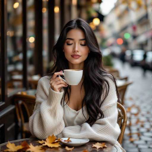 A serene young woman with long, dark hair sits at a Parisian café table, gently holding a white cup of coffee. She wears a cream cardigan over a simple white dress, her eyes closed in peaceful contentment. Fallen leaves drift on the cobblestone pavement, bathed in soft light, creating a poetic and elegant atmosphere. The focus is on her calm demeanor and the rich textures of the scene.