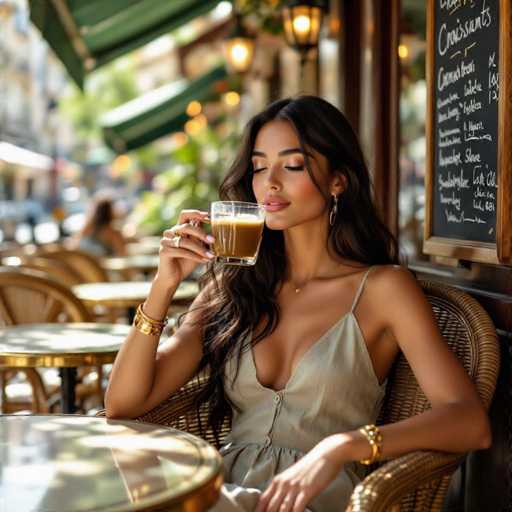 A serene, high-fashion portrait captures a young woman in a Parisian café. She lounges in a wicker chair, gracefully sipping coffee, her closed eyes hinting at contentment. The warm sunlight highlights the textured details of her olive skin and flowing black hair, set against a backdrop of vintage lanterns and a chalkboard menu.