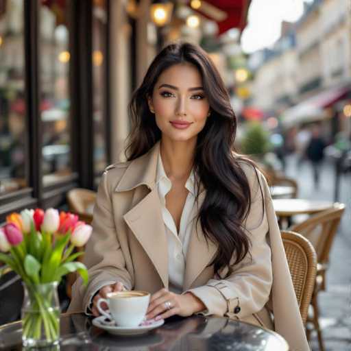 A stylish, ethnic woman with long, dark hair sits at a Parisian café, elegantly draped in a beige trench coat. A vase of vibrant tulips adorns the table, complementing her soft smile and sophisticated attire. The scene is bathed in warm sunlight, showcasing a photorealistic, high-fashion aesthetic with a focus on her face and hands.