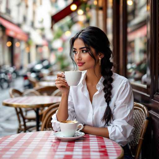 A stylish young woman of South Asian descent, with a braided hairstyle, elegantly enjoys an espresso at a charming Montmartre café. The scene features a red-and-white checkered table, wrought-iron chairs, and soft morning light, creating an intimate, high-fashion European streetscape.