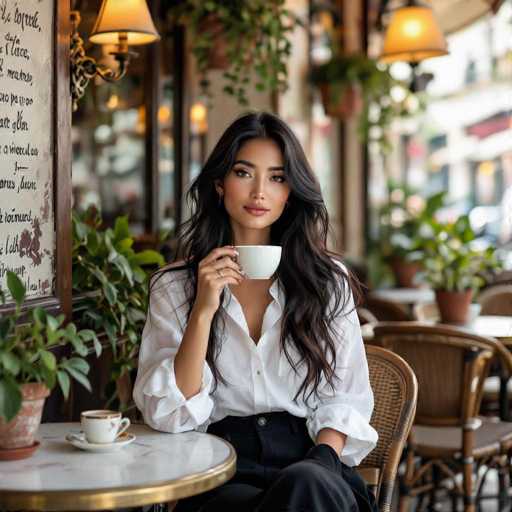 A stylish, youthful woman with long, flowing black hair sits elegantly at a café table in Montmartre. Dressed in a white linen shirt and dark trousers, she holds a coffee cup, her hair gently catching the light. The café's bohemian ambiance, with vintage lamps and greenery, creates a dreamy, high-fashion scene. 

**Main Subjects:** Woman, coffee cup, café table
**Spatial Relationship:** Woman centered, table in foreground, blurred background. 
**Art Style:** Photorealistic, high-fashion, elegant.