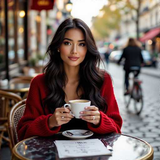 A serene, high-fashion woman with long, wavy black hair sits at a Parisian café, warmly holding a coffee cup. Dressed in a vintage red cardigan and black dress, she's the focal point of the soft-focused foreground. A handwritten menu and silver spoon complete the elegant setting, with a blurred cyclist adding a dynamic touch to the romantic scene.
