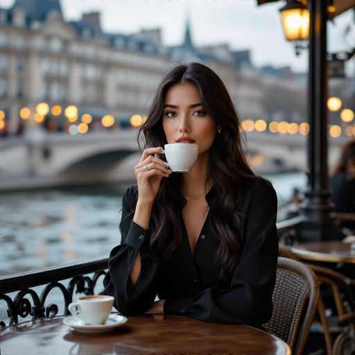 A stylish young woman with long, dark hair elegantly sips coffee at a Parisian café overlooking the Seine. Dressed in a classic black blouse and high-waisted pants, she's bathed in soft dawn light. The blurred background highlights the ornate bridge and city ambiance, creating a dreamy, high-fashion portrait with a focus on elegant detail.