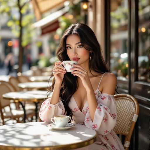A stunning young woman with long, flowing black hair is the focal point, elegantly seated at a quaint outdoor café in Paris. She wears a soft pastel dress with floral details and holds a delicate porcelain cup, bathed in warm sunlight. The scene showcases classic Parisian architecture with wrought-iron details and a serene, romantic ambiance captured with soft focus and cinematic lighting. 

**Main Subjects:** Young woman, delicate porcelain cup
**Spatial Relationship:** Woman seated at a table in a café setting.
**Art Style:** Photorealistic, high fashion, romantic, with soft focus and cinematic lighting.