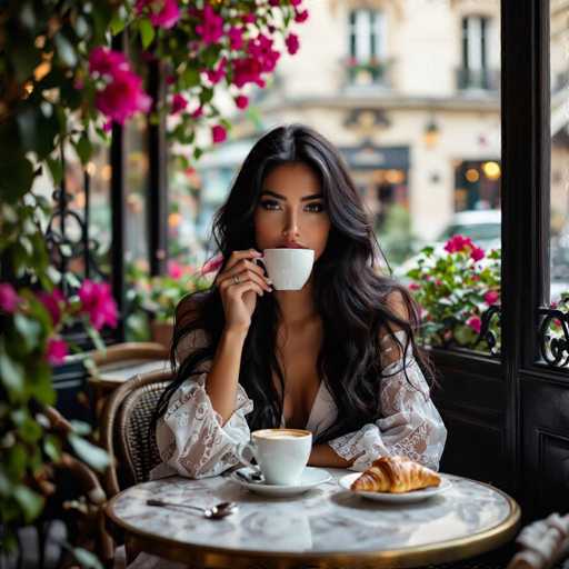 A stunning young woman with long, flowing black hair is the focal point, elegantly sipping coffee at a charming Parisian café. A delicate croissant rests on a patterned table, complemented by a silver spoon. The scene exudes high fashion with its ornate window details and blooming bougainvillea, captured with a film-like quality and dramatic lighting.
