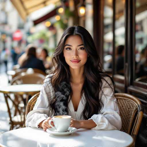 A serene, high-fashion portrait captures a young ethnic woman in Paris, elegantly seated at a white table. Long, flowing black hair frames her gentle smile as she holds a steaming cup of coffee. The soft-focus background showcases the café's ornate details and warm light, creating a dreamy yet realistic scene.