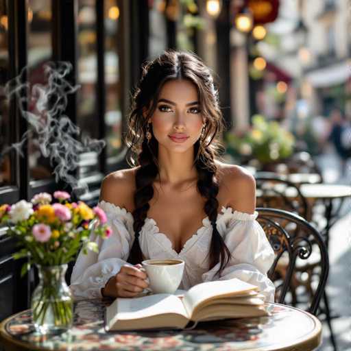 A radiant young woman with long, braided hair sits in a charming Parisian café, bathed in soft morning light. She elegantly reads a French book while sipping coffee, the steam adding a touch of warmth. A vase of wildflowers adorns the table, and ornate iron chairs frame the scene, creating a high-fashion, intimate moment.